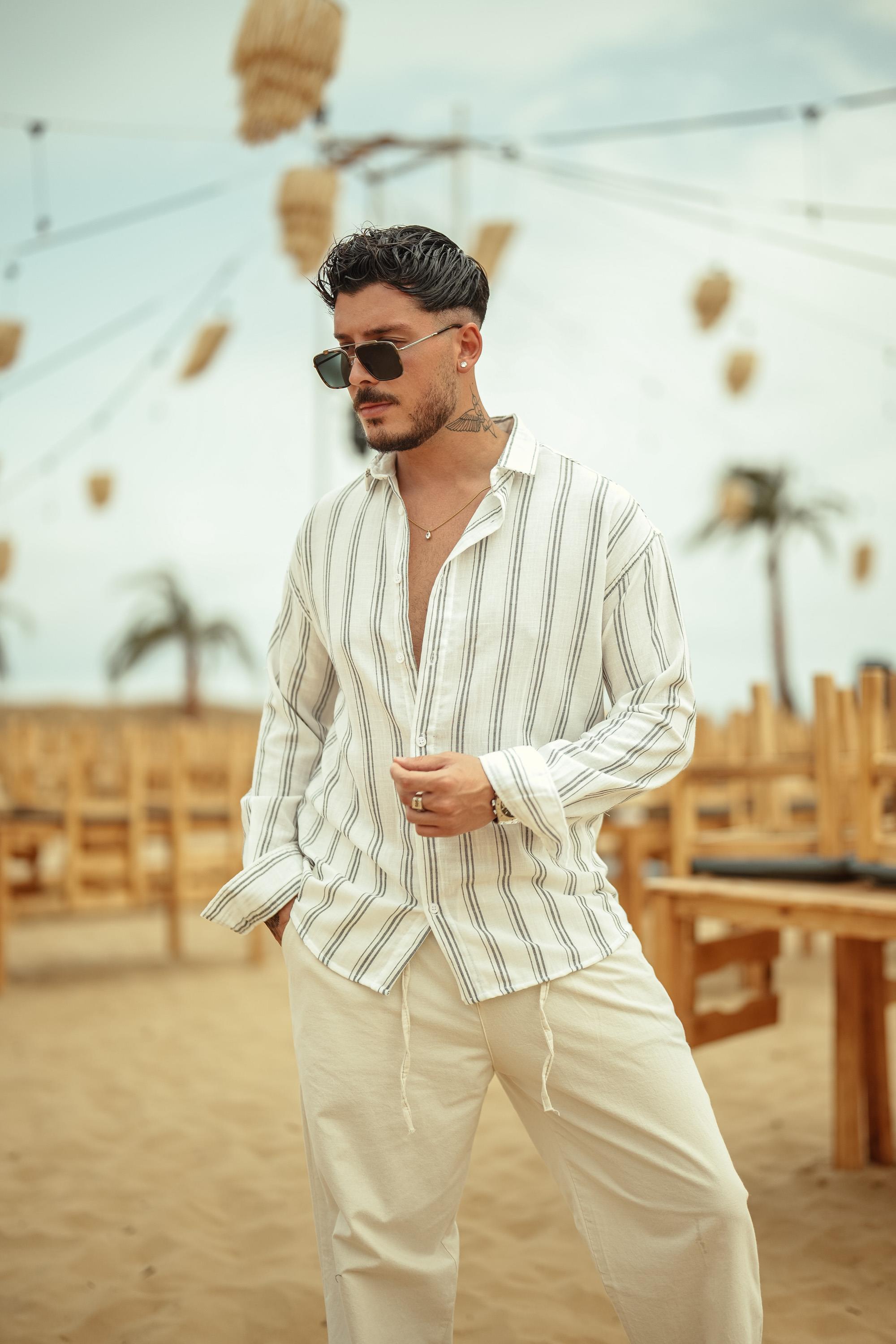 Üç Çizgili Oversize Gömlek Siyah