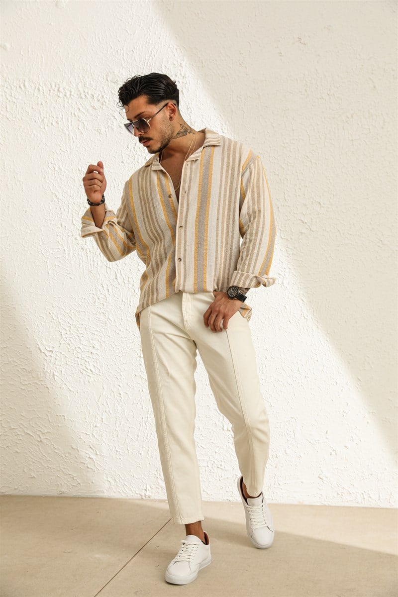 Uzun Kol Çizgili Örme Oversize Gömlek