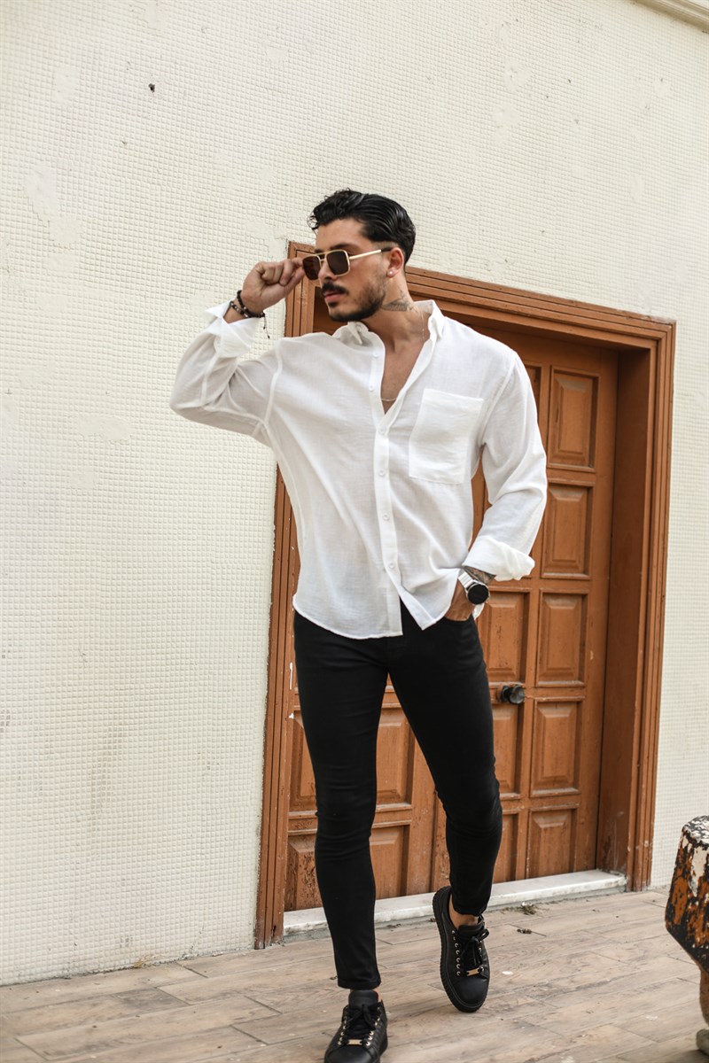 Uzun Kollu Keten Oversize Gömlek