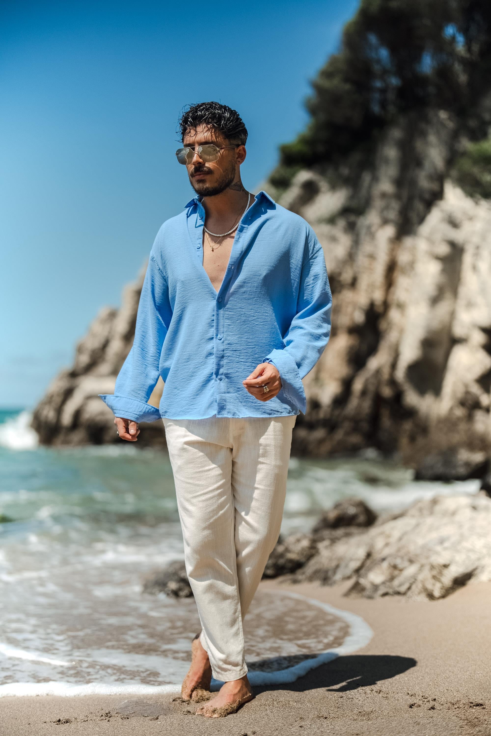 Uzun Kollu Keten Oversize Gömlek Açık Mavi