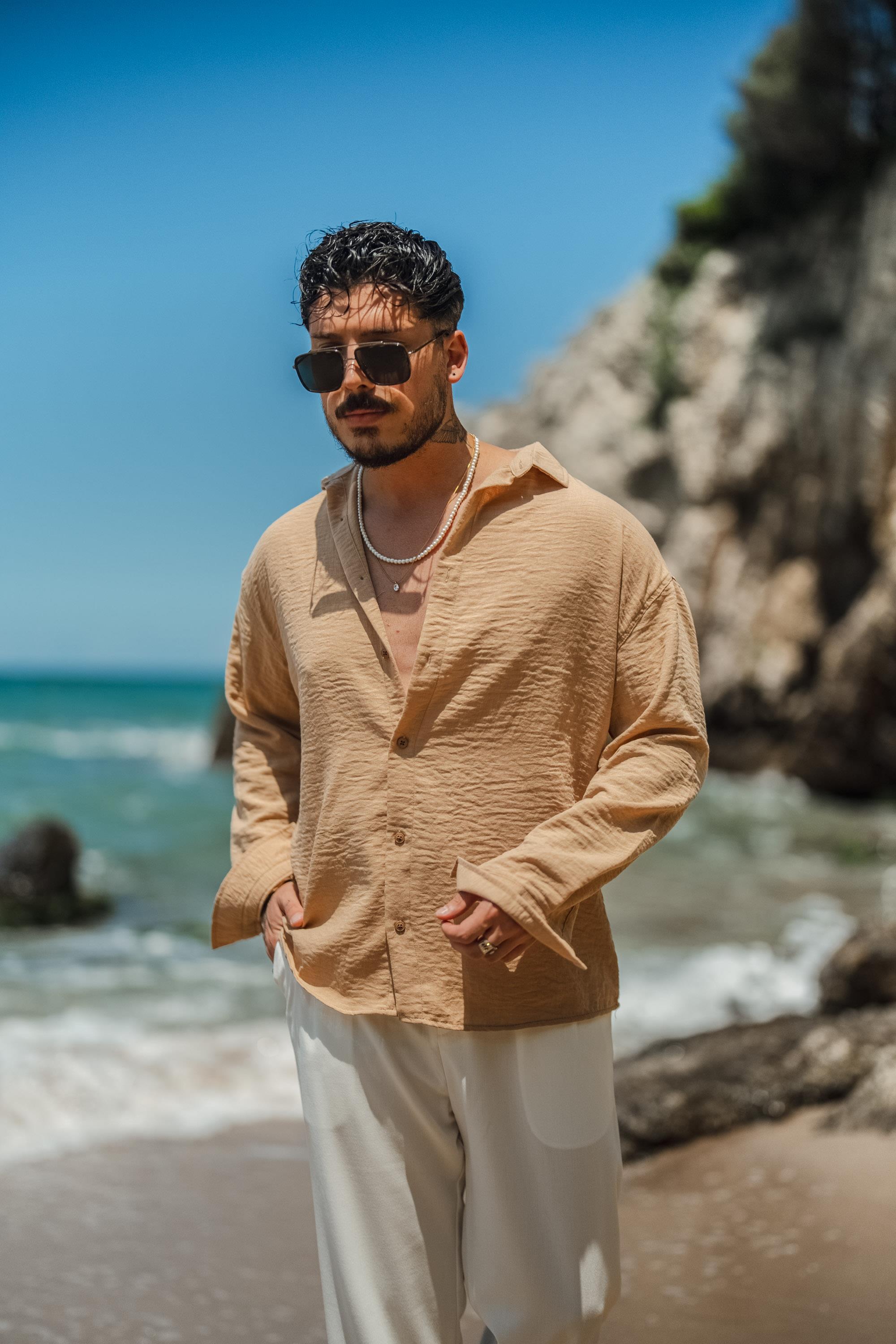 Uzun Kollu Keten Oversize Gömlek Bej