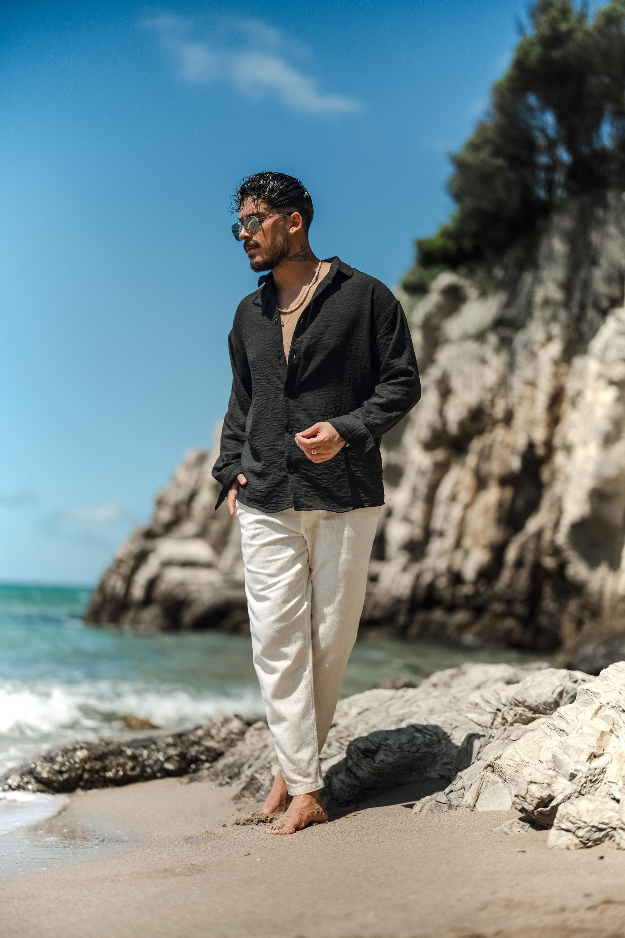 Uzun Kollu Keten Oversize Gömlek Siyah