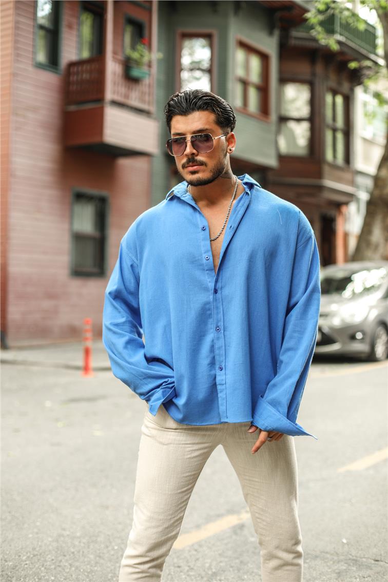 Uzun Kollu Oversize Gömlek Koyu Mavi