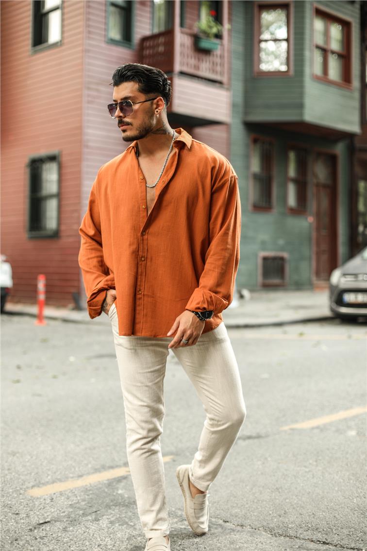 Uzun Kollu Oversize Gömlek Tarçın