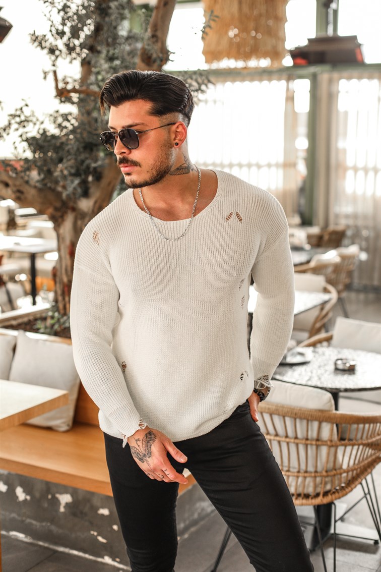 Uzun Kollu Yırtıklı Örme Oversize Kazak