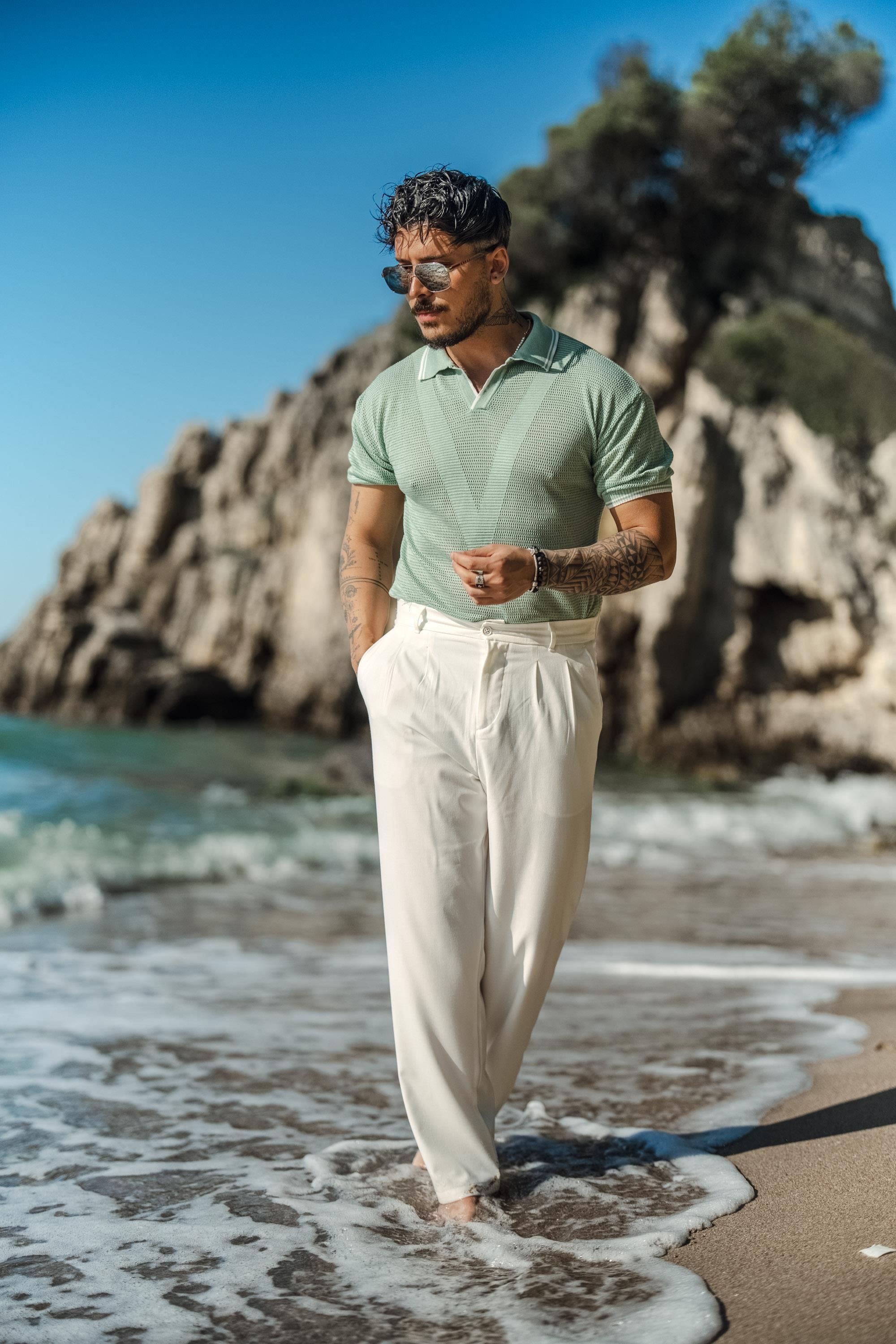 V Örgülü Polo Yaka T-Shirt Mint