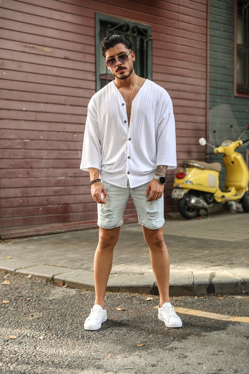 V Yaka Oversize Fakir Kol Gömlek