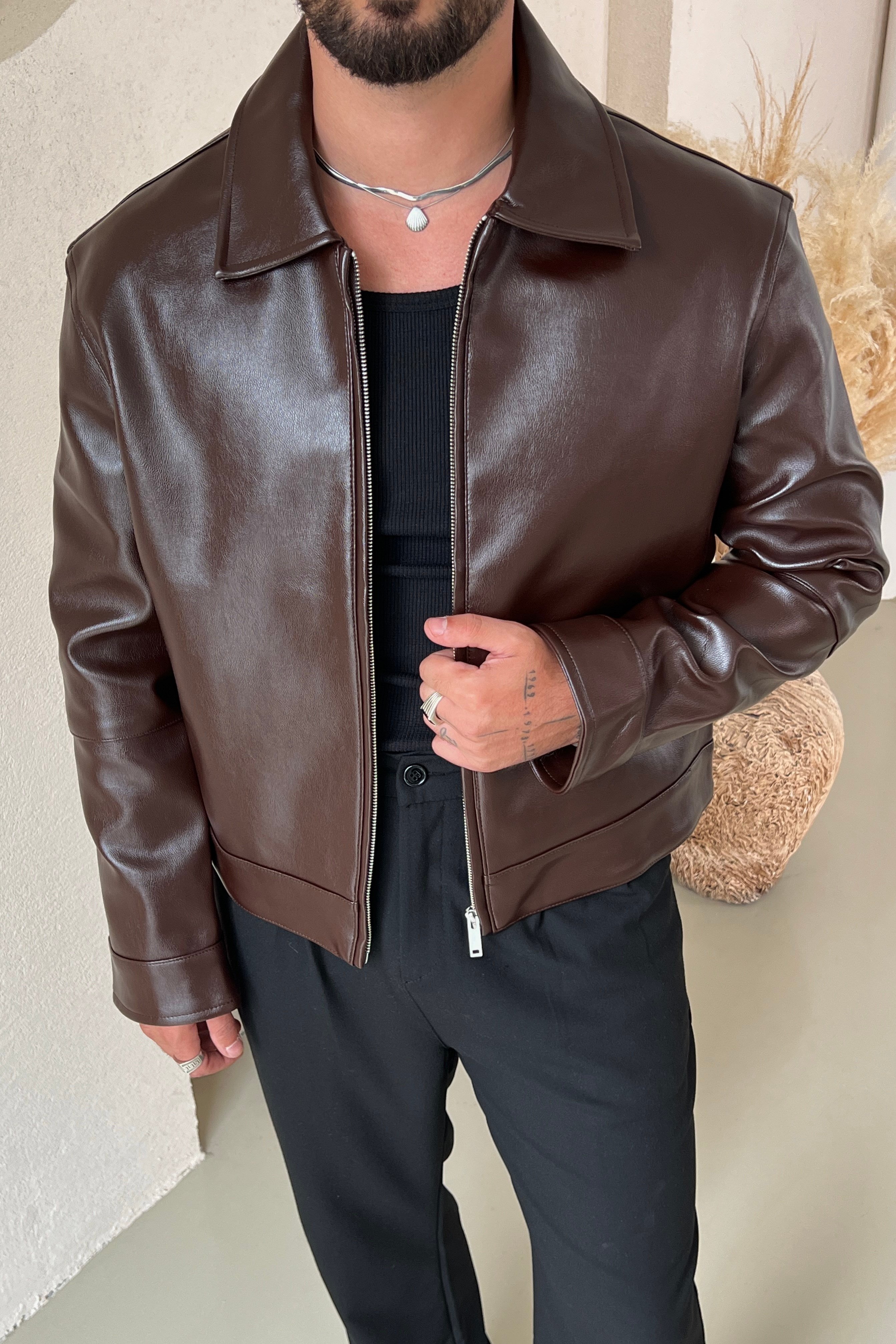 Vintage Box Fit Basic Deri Ceket Kahve