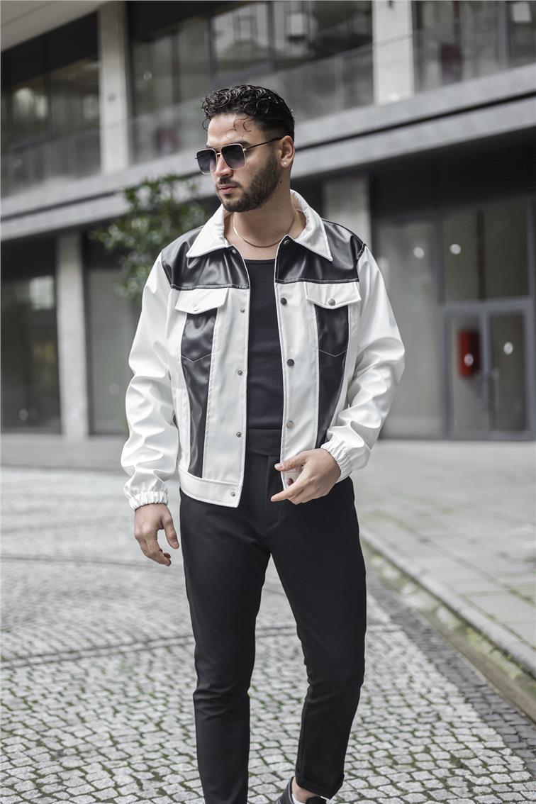 Vintage Fit Deri Ceket Beyaz-Siyah