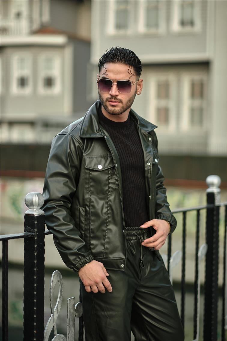 Vintage Fit Deri Ceket Haki