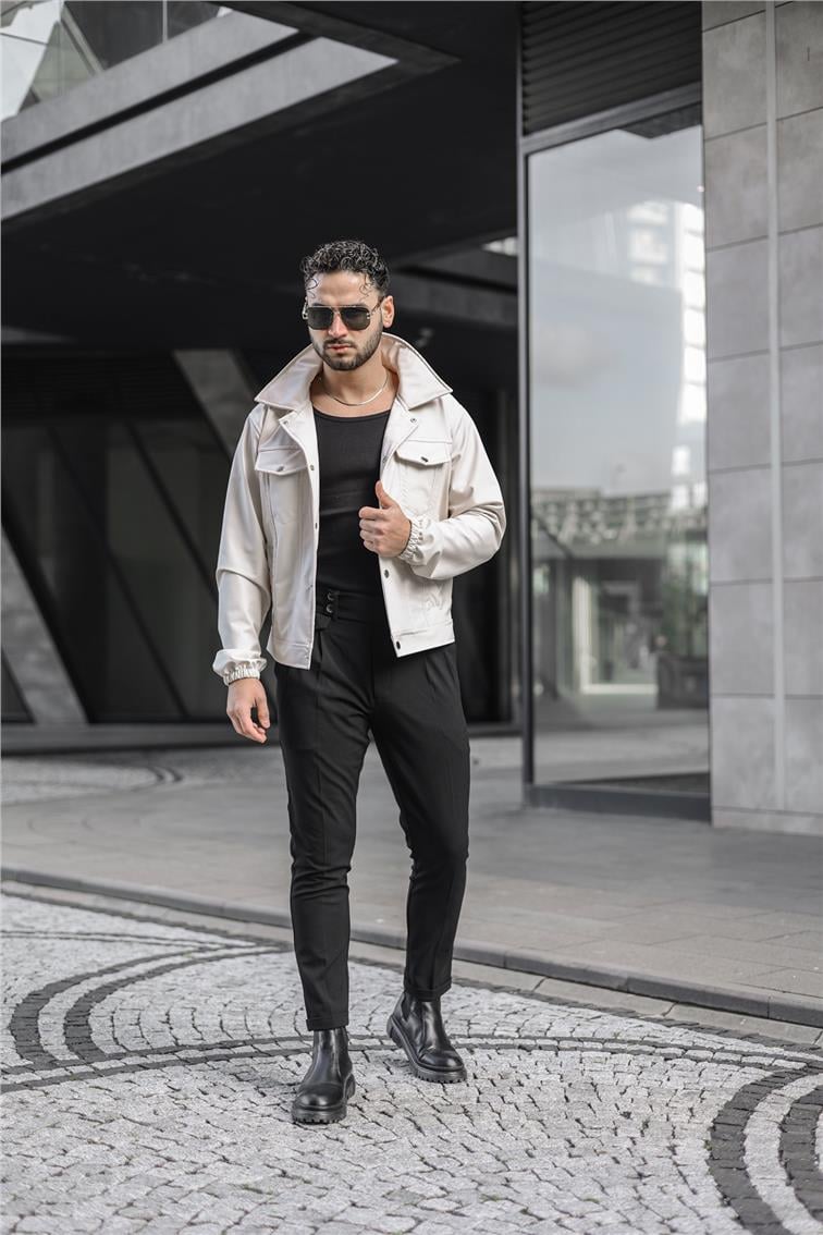 Vintage Fit Deri Ceket Krem