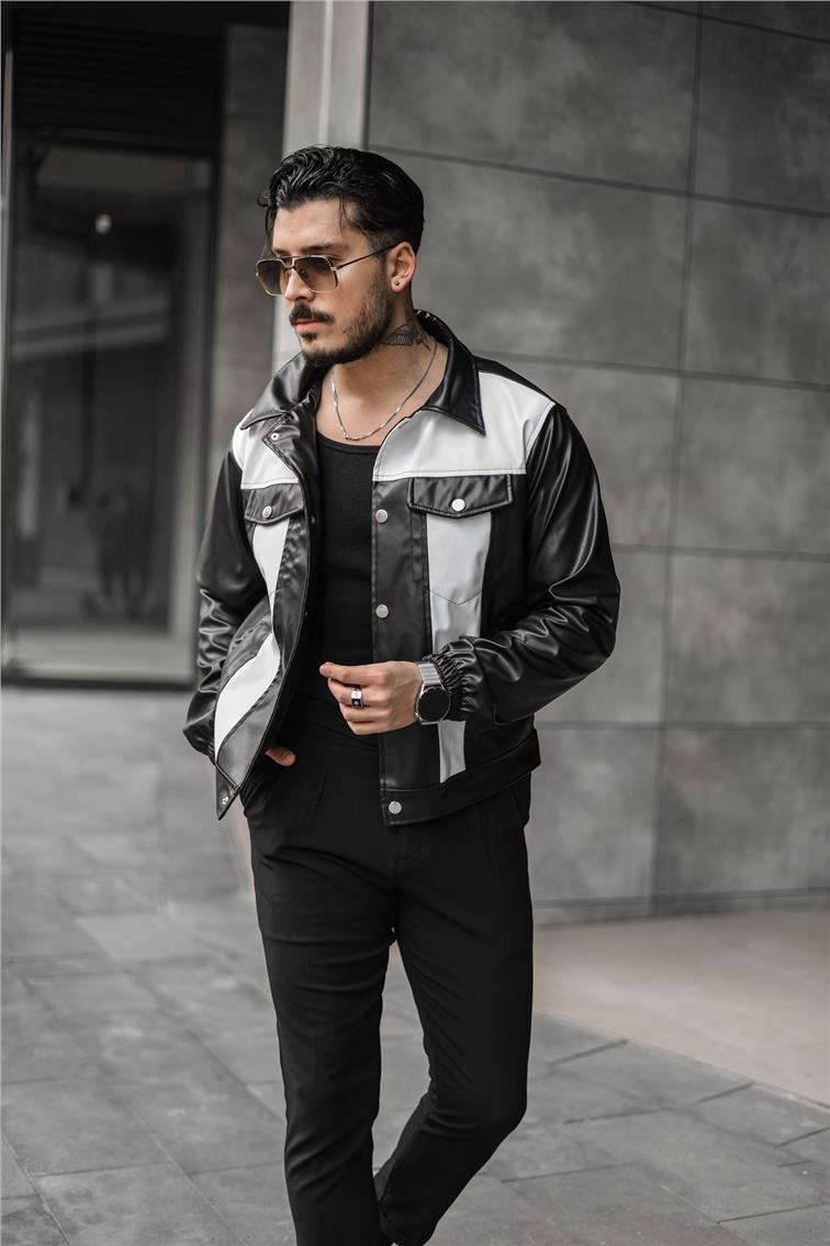 Vintage Fit Deri Ceket Siyah Beyaz