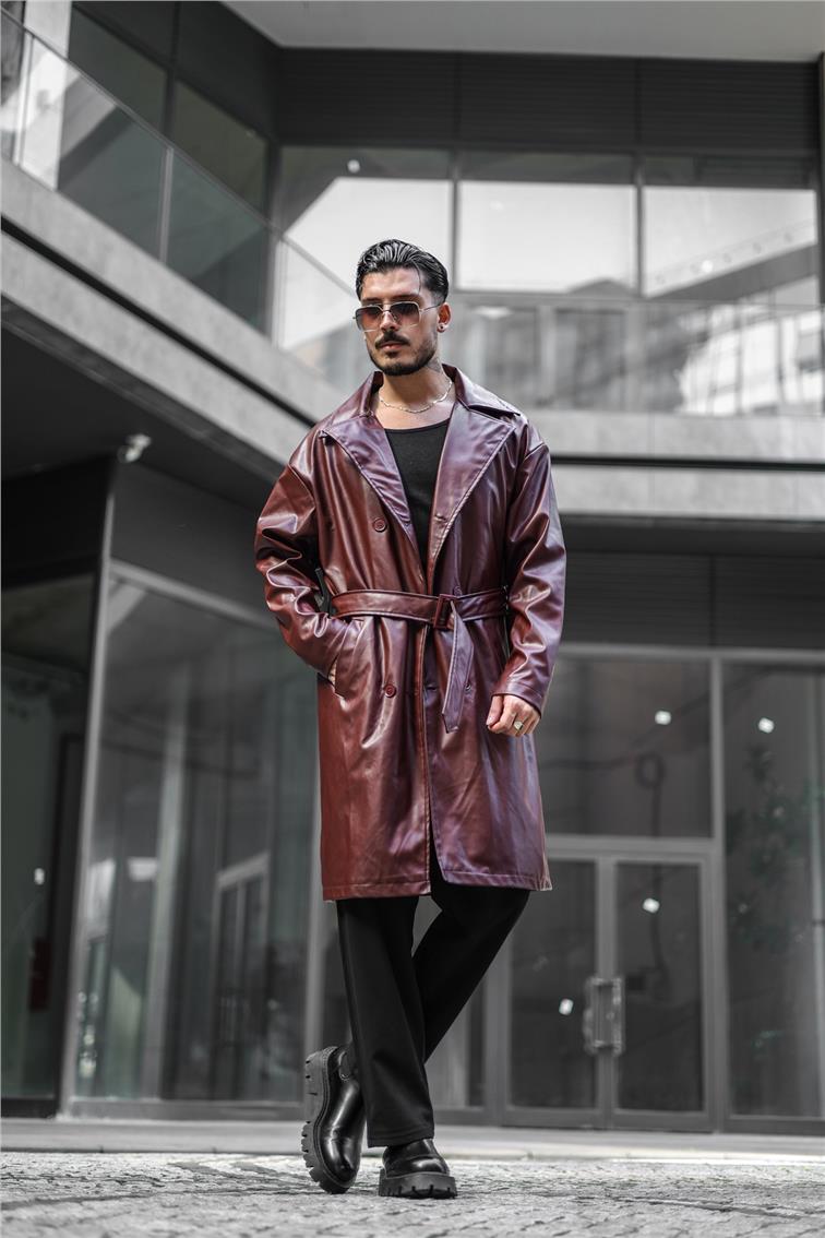 Vintage Kemerli Uzun Deri Kaban Bordo