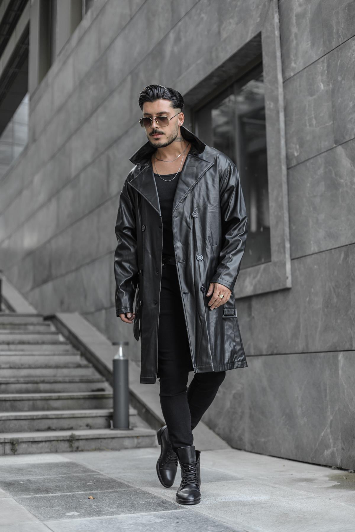 Vintage Kemerli Uzun Deri Kaban Siyah