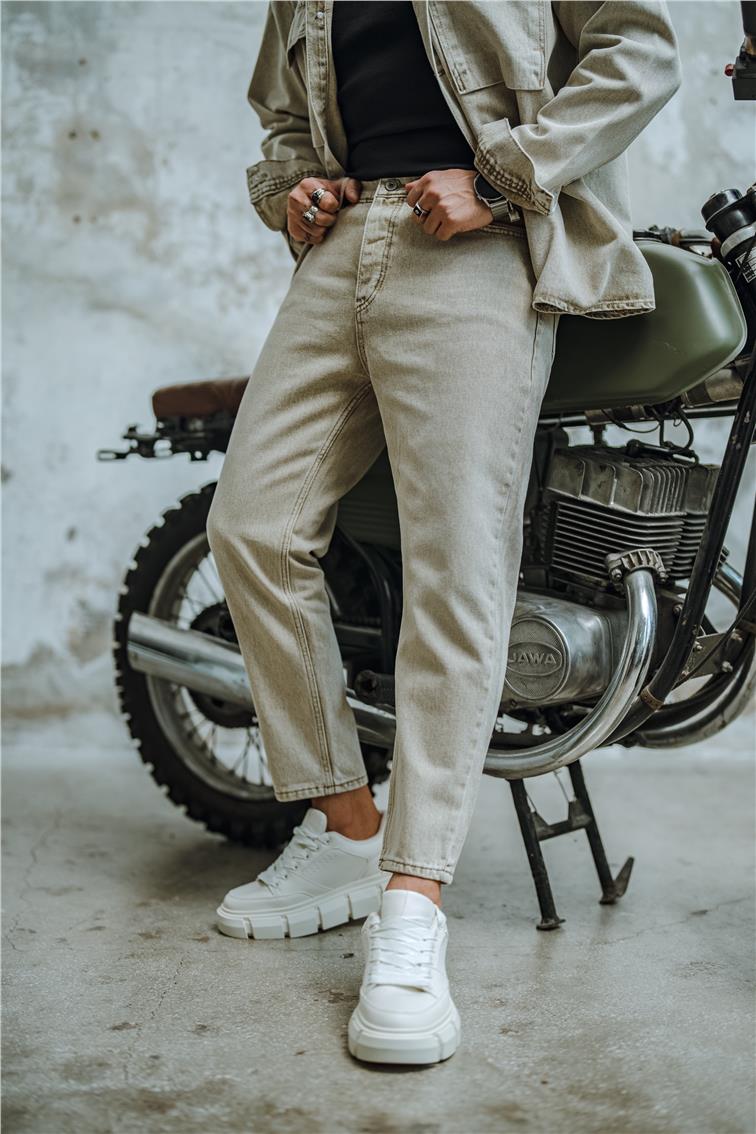 Vintage Yıkamalı Boyfriend Jean Yıkamalı Bej