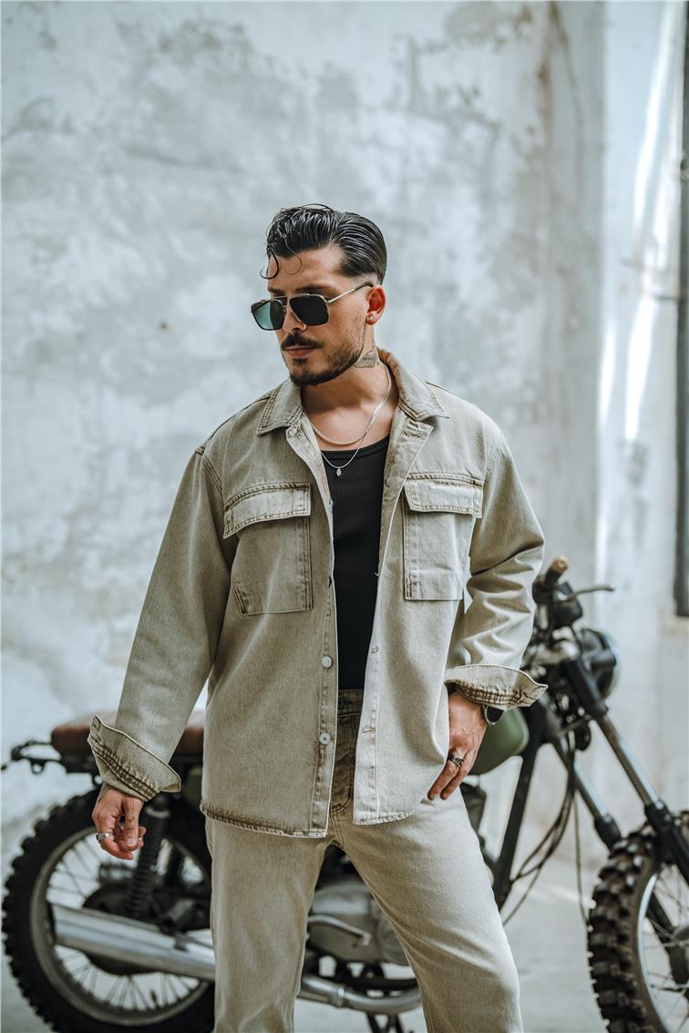 Vintage Yıkamalı Denim Oversize Ceket Yıkamalı Bej