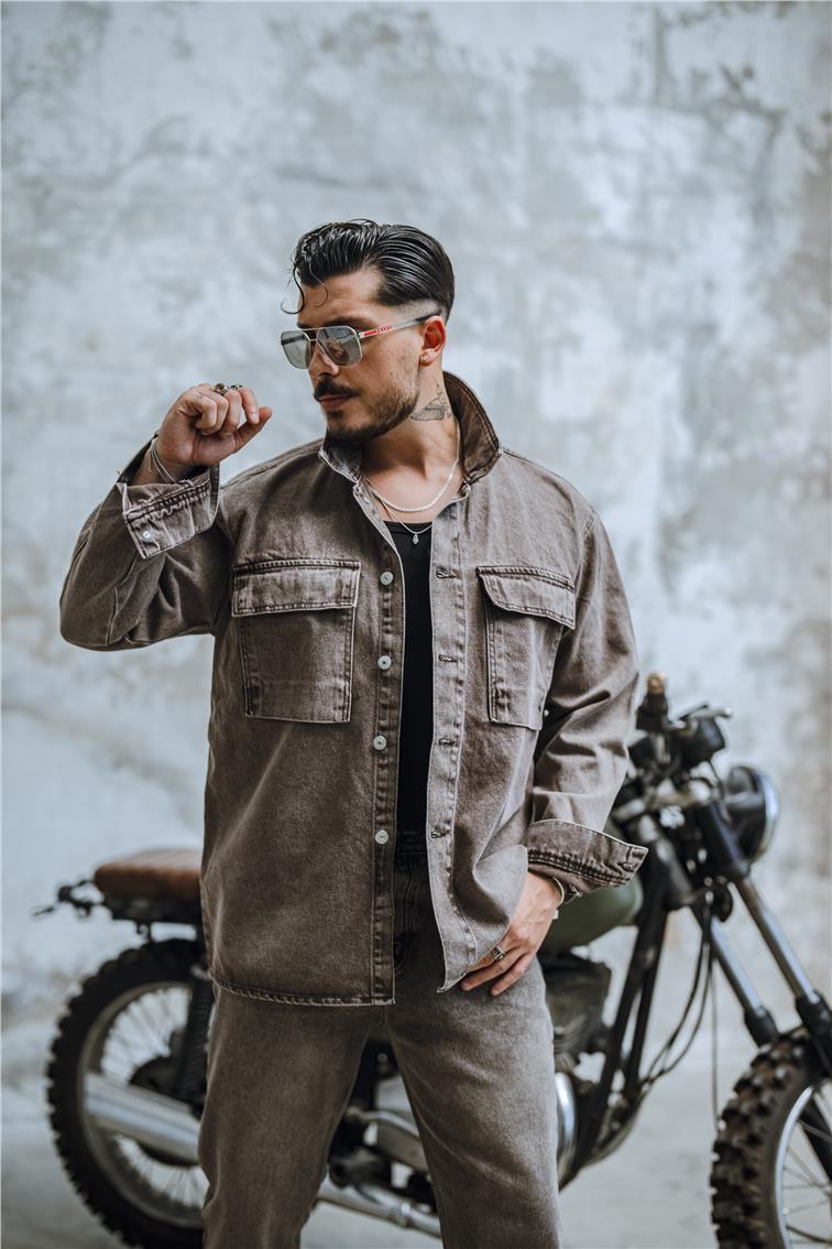 Vintage Yıkamalı Denim Oversize Ceket Yıkamalı Kahve