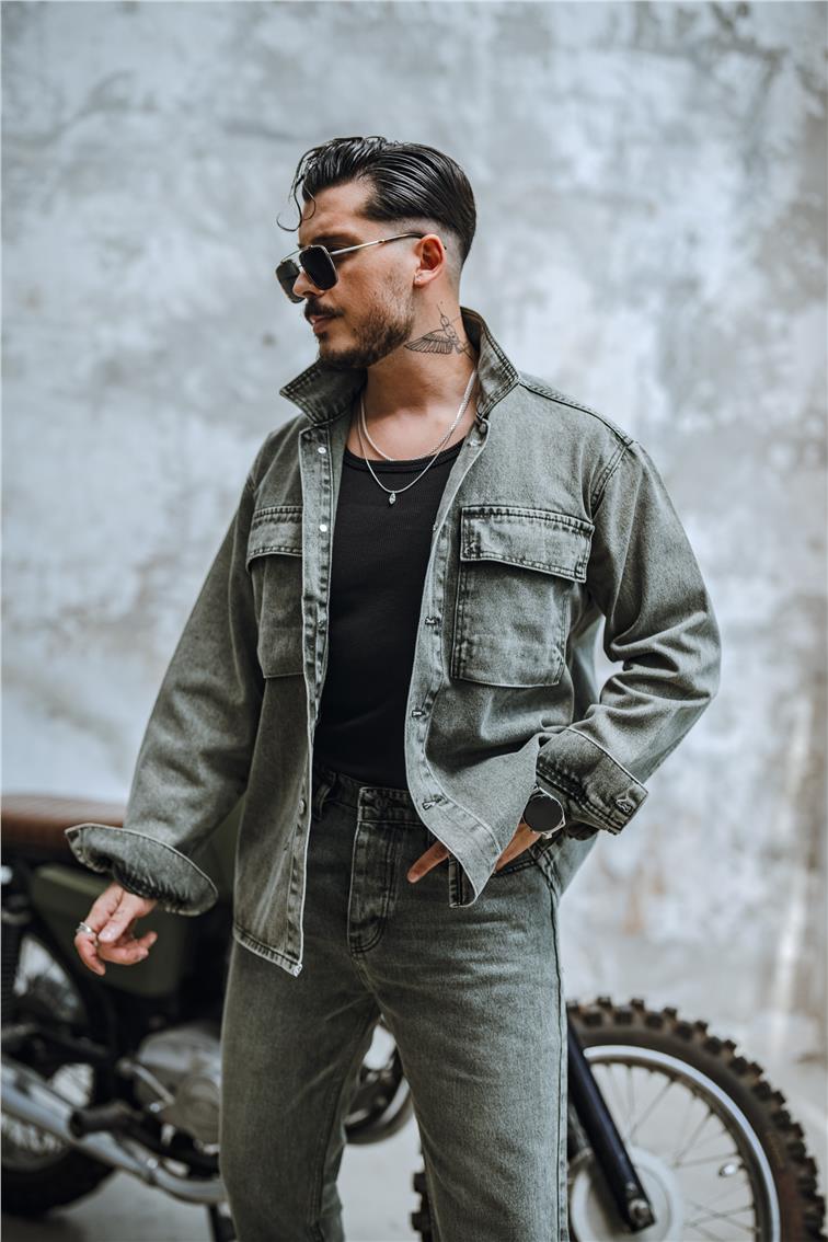 Vintage Yıkamalı Denim Oversize Ceket Yıkamalı Haki