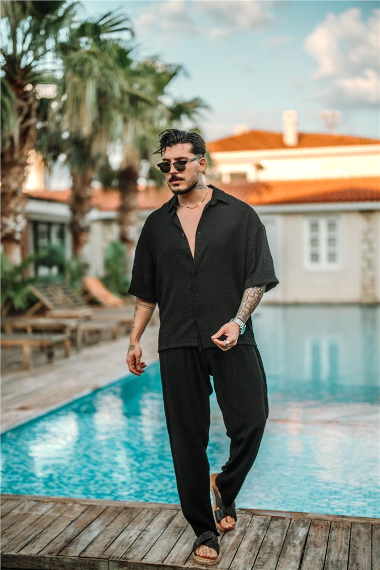 Vual Kumaş Oversize Gömlek Siyah