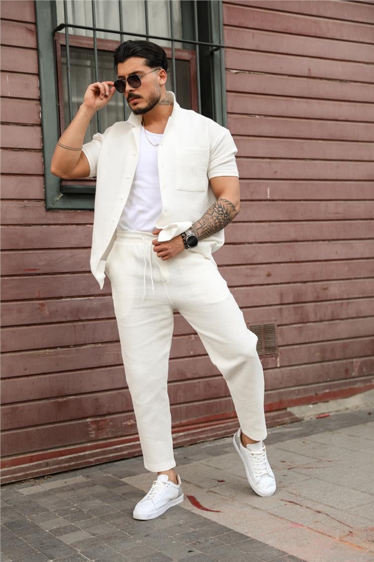 Waffle Oversize Gömlek Beyaz