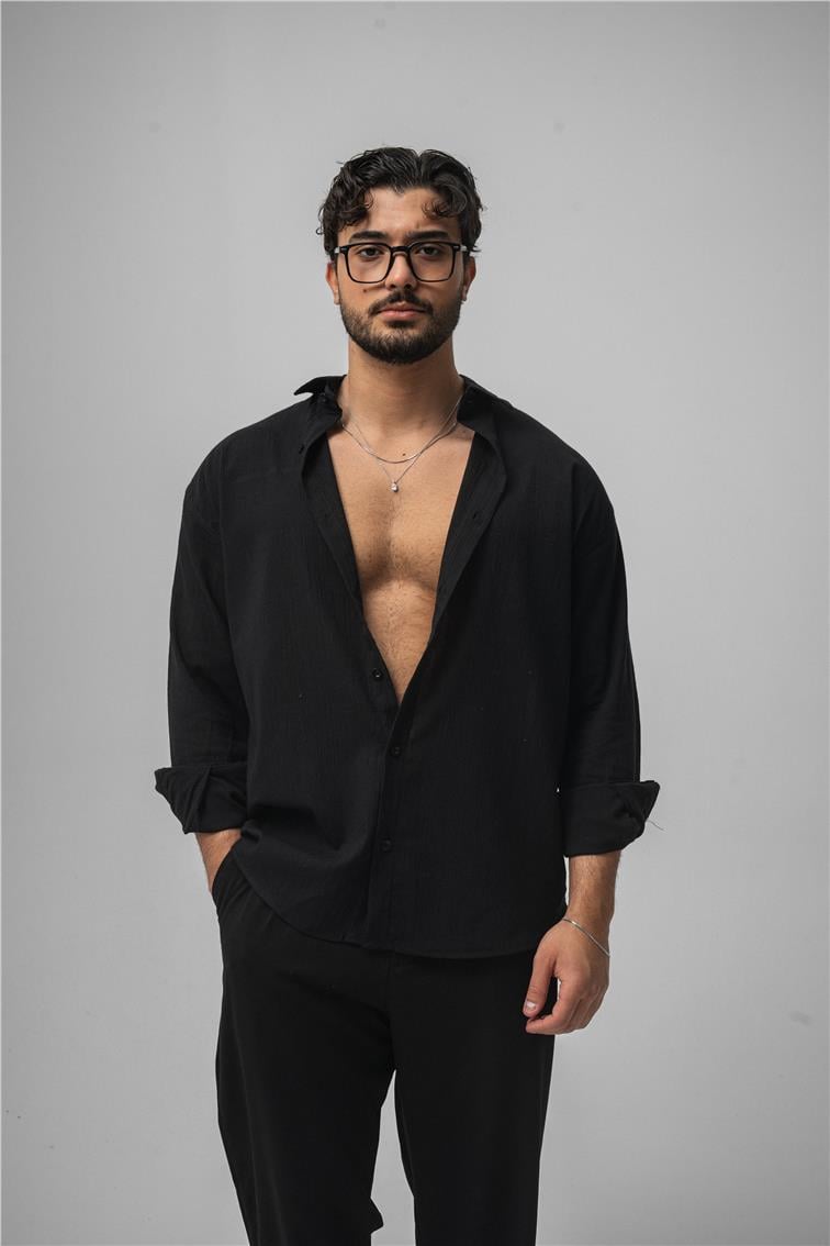 Wrinkled Linen Oversize Gömlek Siyah