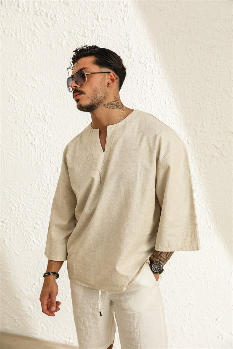 Yaka Detay Fakir Kol T-shirt