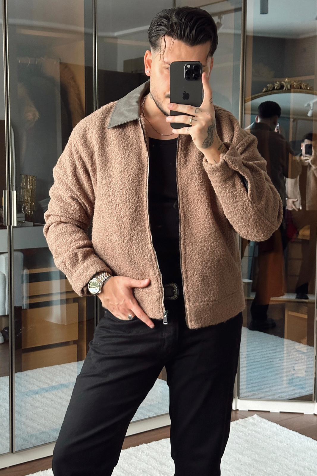 Yaka Detay Yün Görünümlü Bol Ceket Kahve