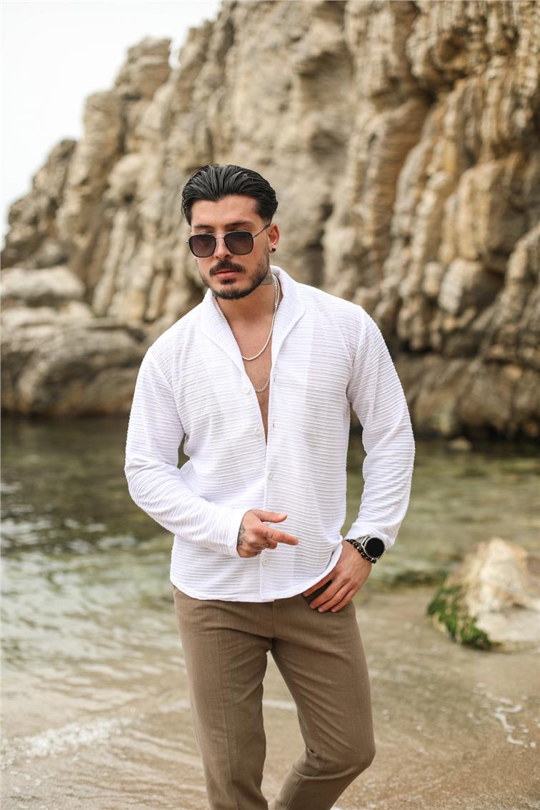 Yaka Detaylı Çizgili Gömlek Beyaz