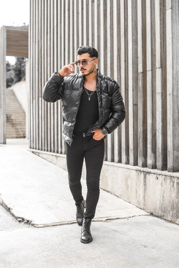 Yaka Detaylı Deri Şişme Mont