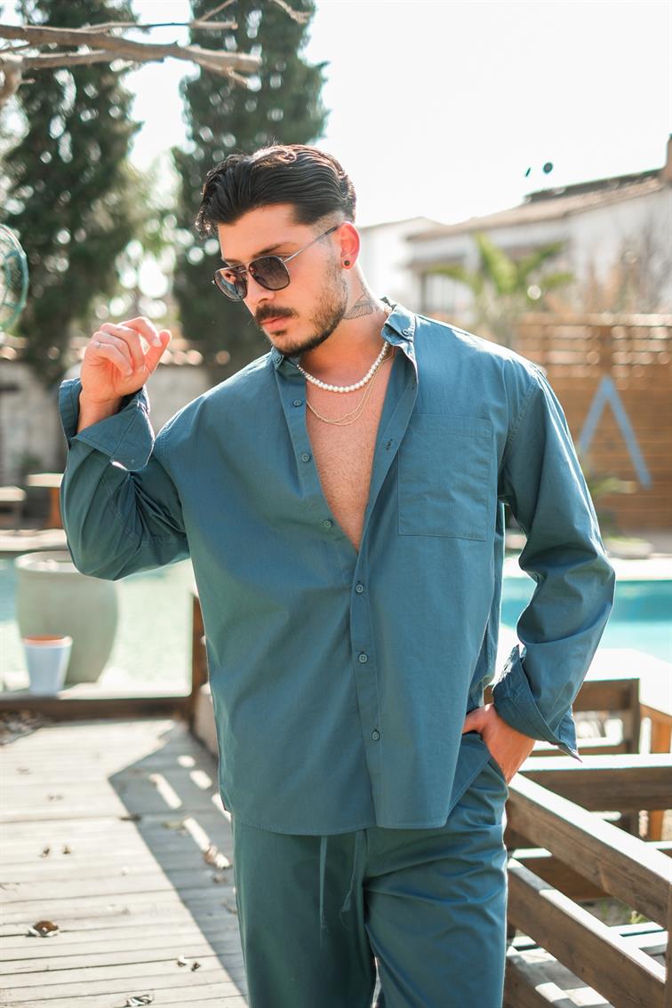 Yaka Düğmeli Basic Oversize Gömlek Petrol Mavisi