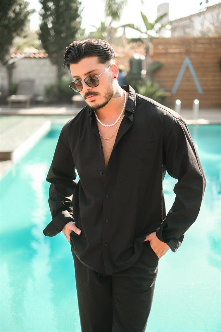 Yaka Düğmeli Basic Oversize Gömlek Siyah