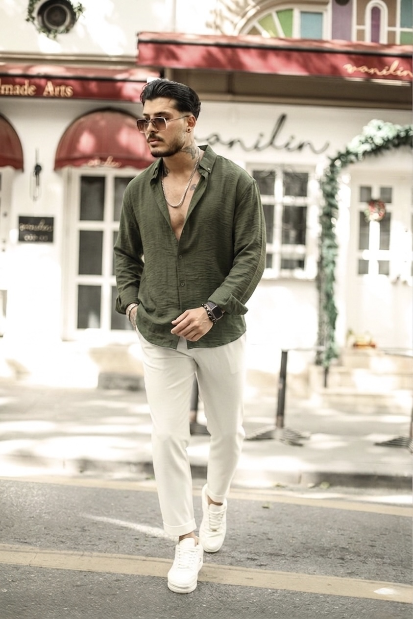 Yaka Düğmeli Basic Regular Fit Gömlek Haki