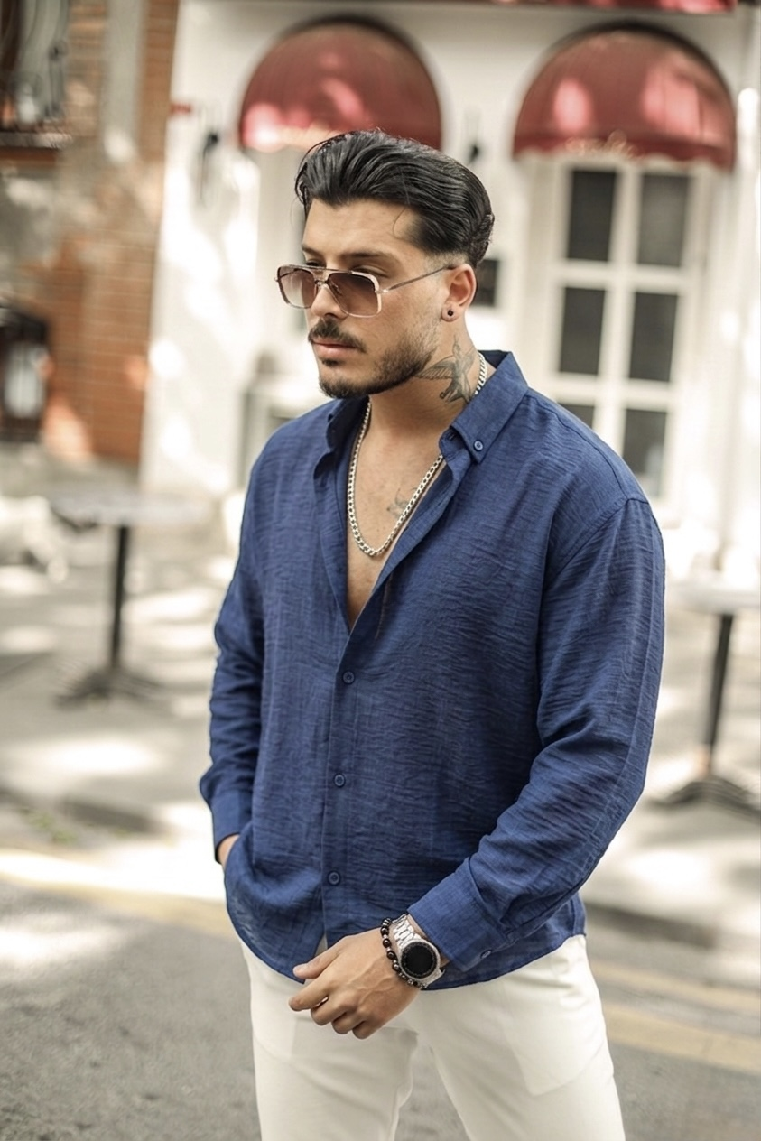 Yaka Düğmeli Basic Regular Fit Gömlek Lacivert