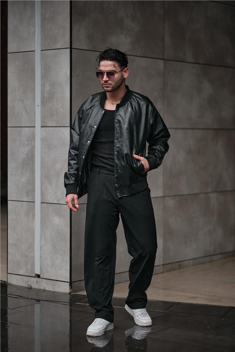 Yaka Lastikli Oversize Deri Ceket Siyah