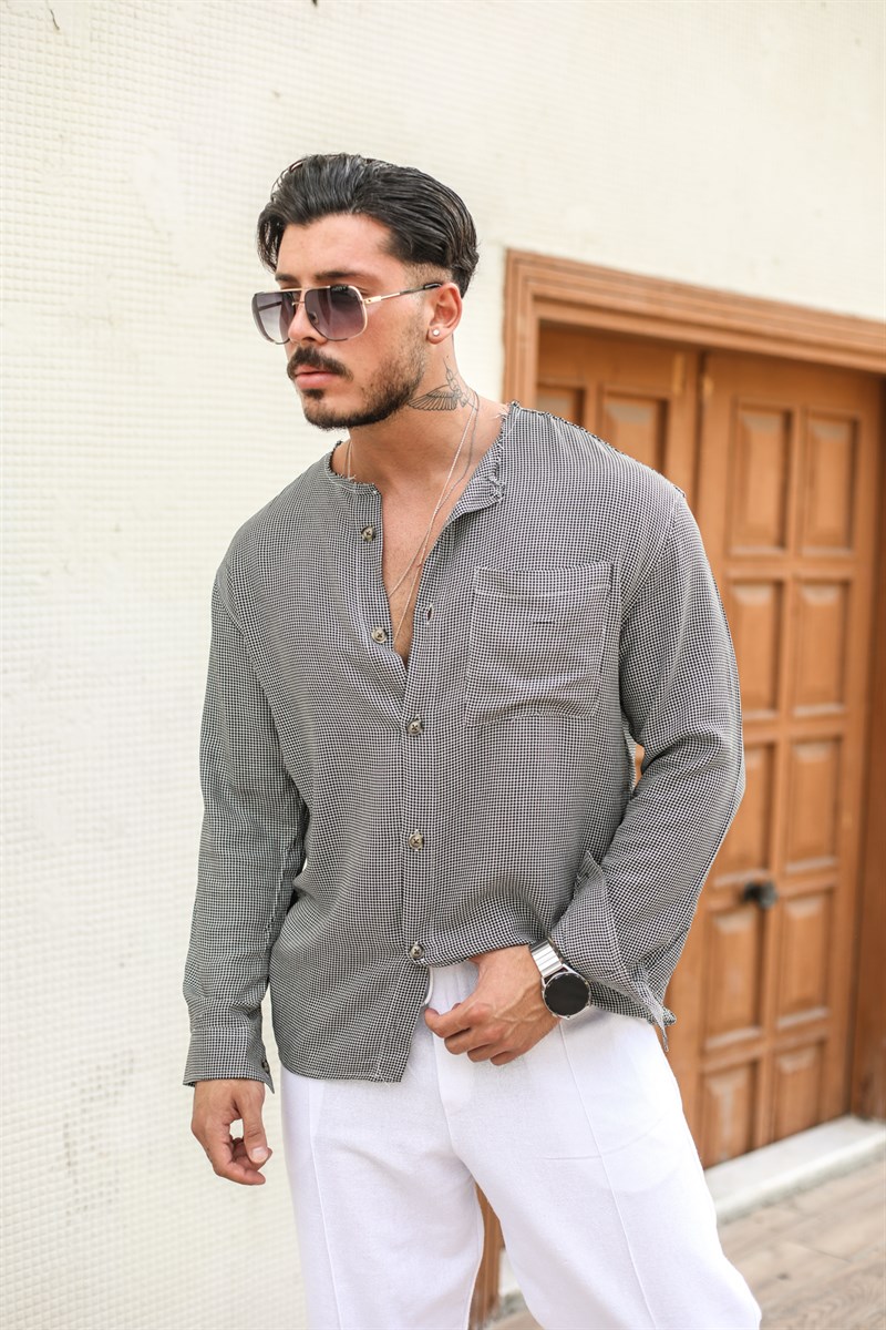 Yakasız Desenli Oversize Gömlek