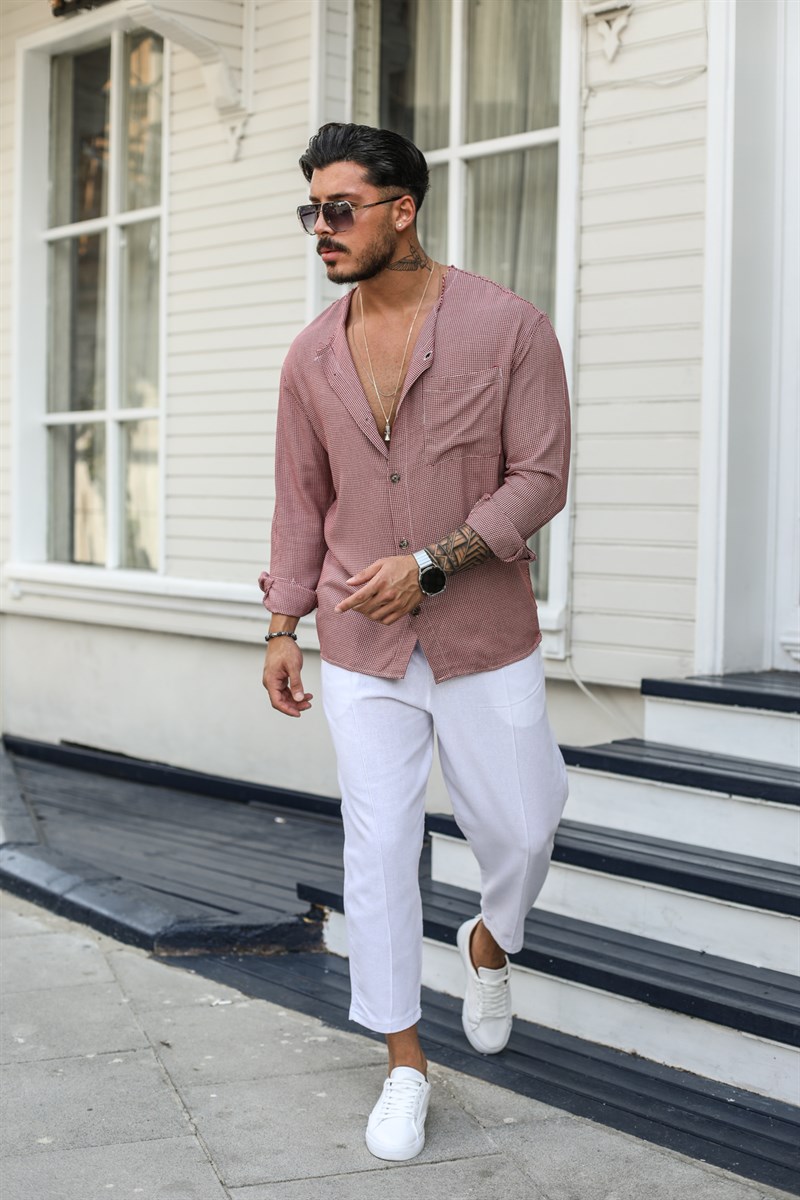 Yakasız Desenli Oversize Gömlek