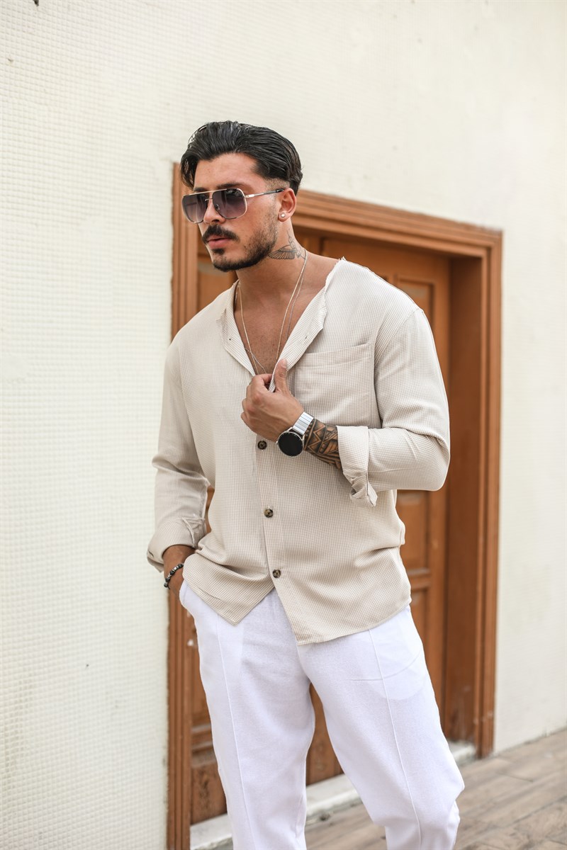 Yakasız Desenli Oversize Gömlek