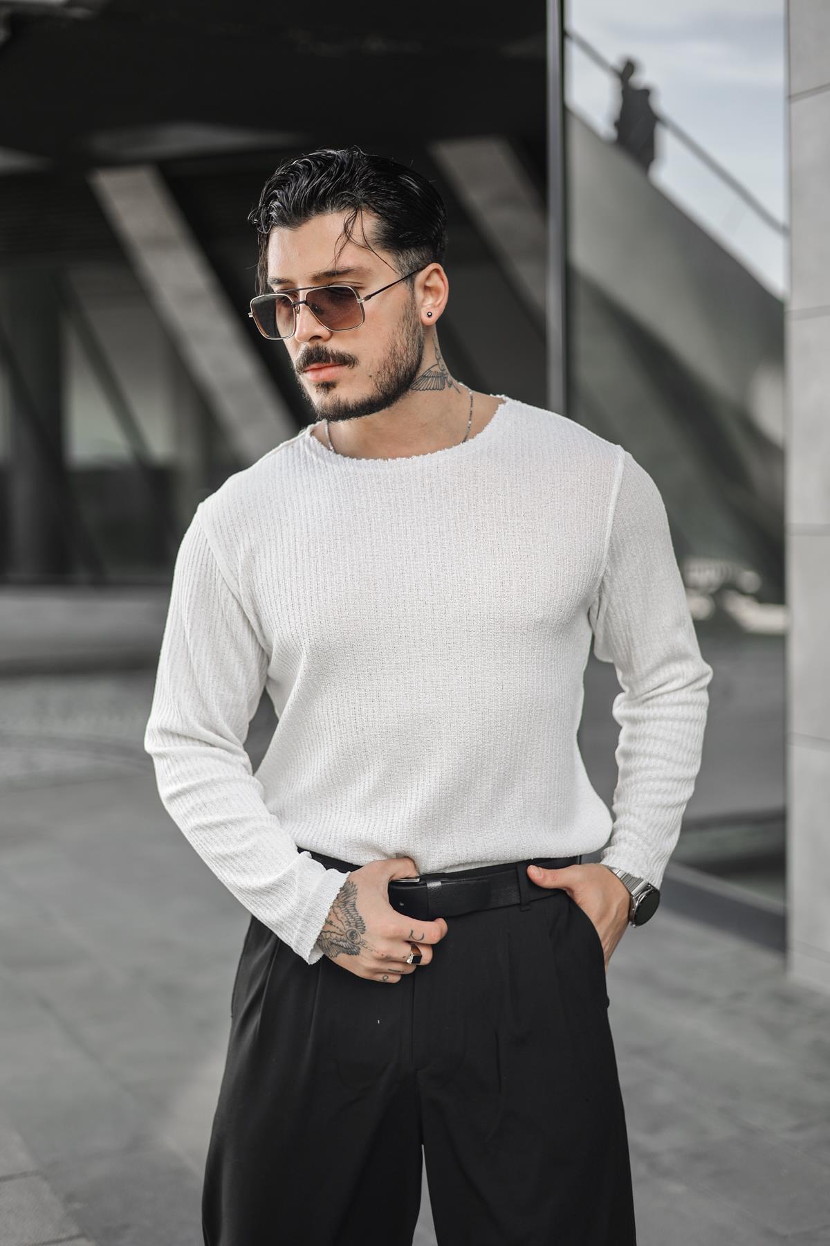 Yakasız Fitilli  Oversize Kazak Beyaz