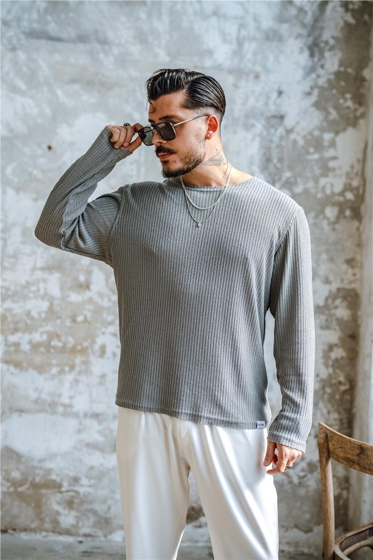 Yakasız Fitilli  Oversize Kazak Füme