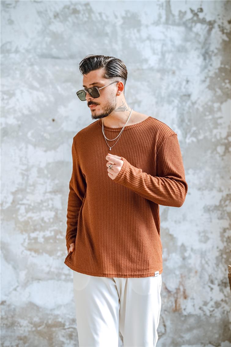 Yakasız Fitilli  Oversize Kazak Kahve