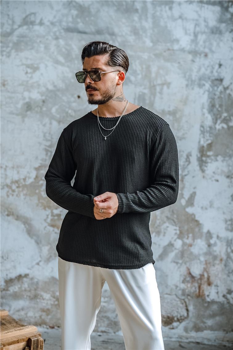 Yakasız Fitilli  Oversize Kazak Siyah