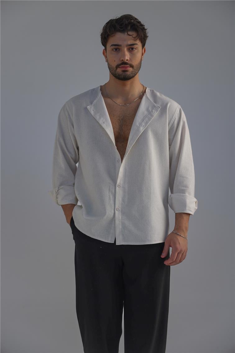 Yakasız Keten Gömlek Ekru