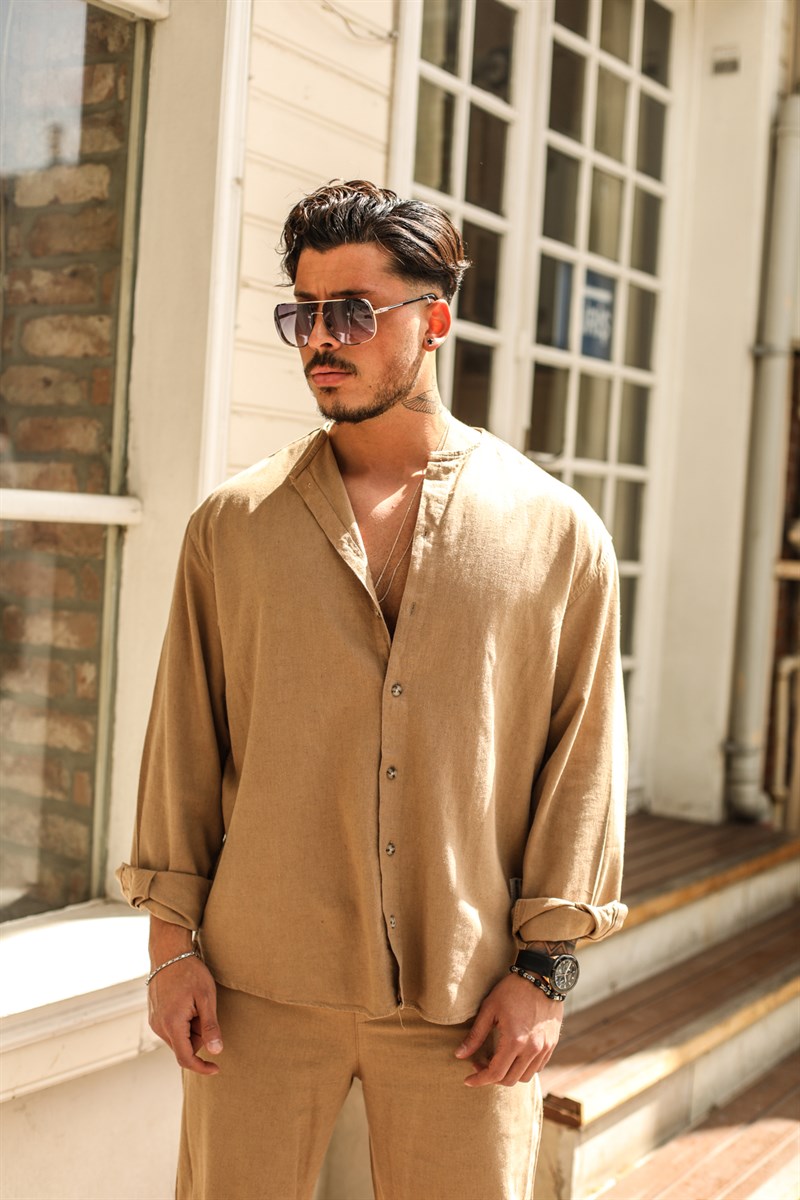 Yakasız Keten Oversize Gömlek