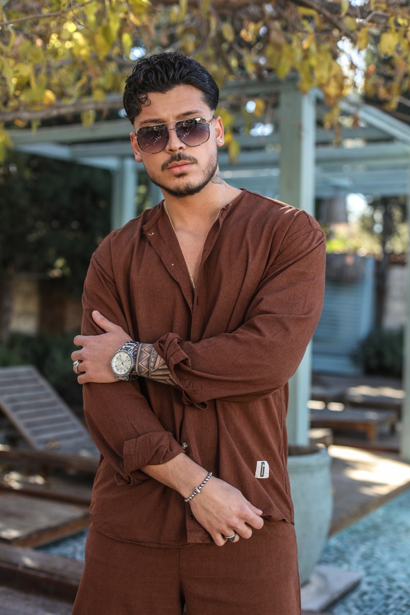 Yakasız Keten Oversize Gömlek