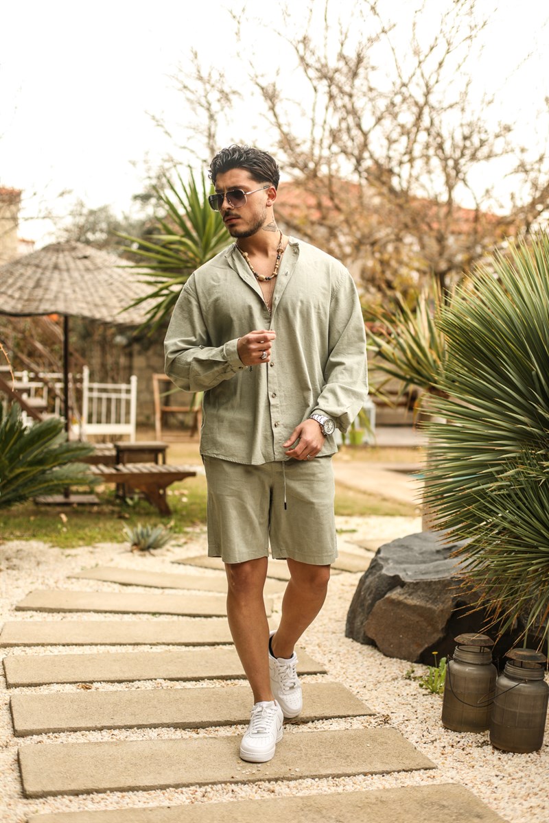 Yakasız Keten Oversize Gömlek