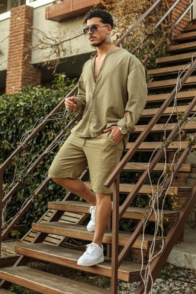 Yakasız Keten Oversize Gömlek