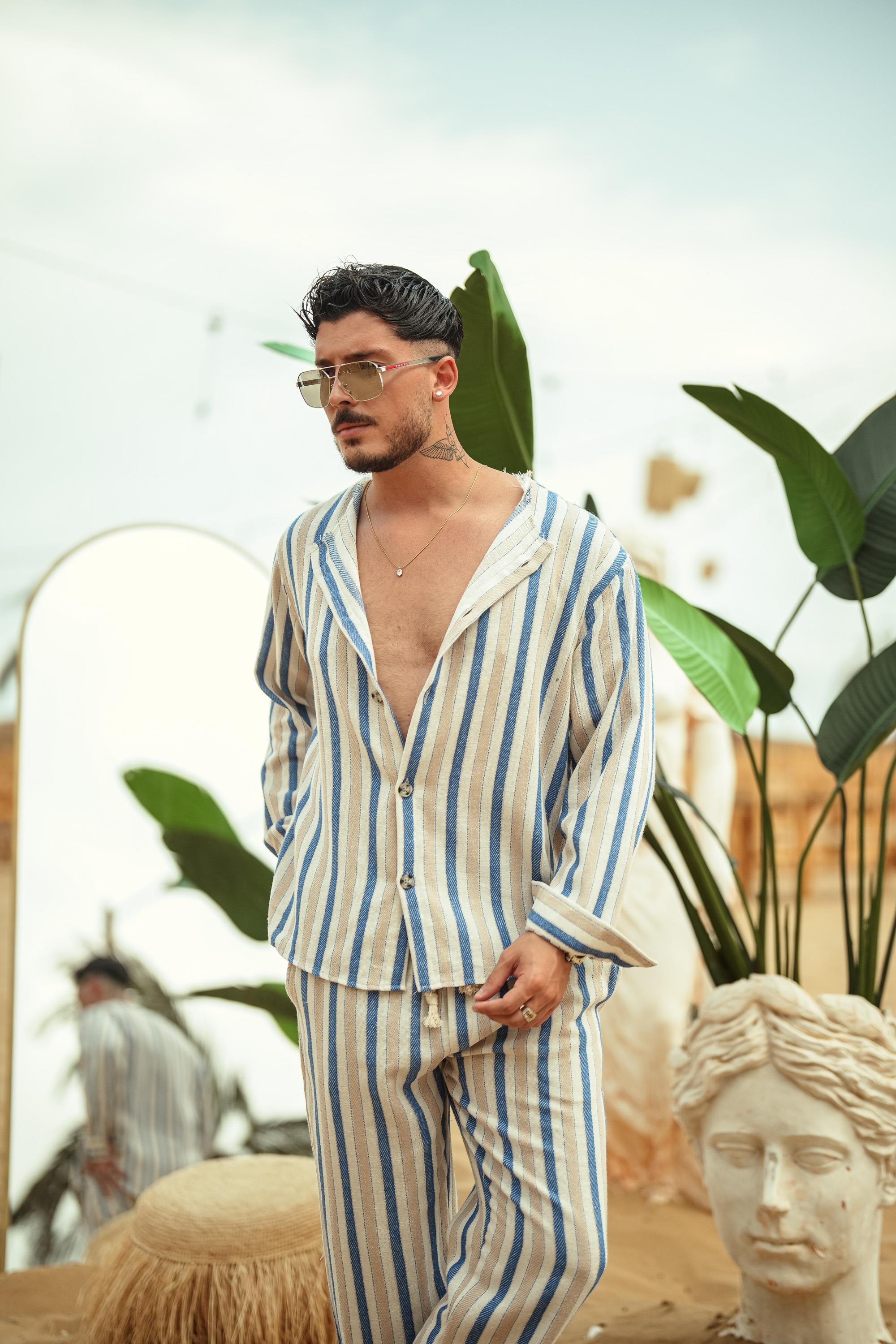 Yakasız Keten Oversize Gömlek Mavi