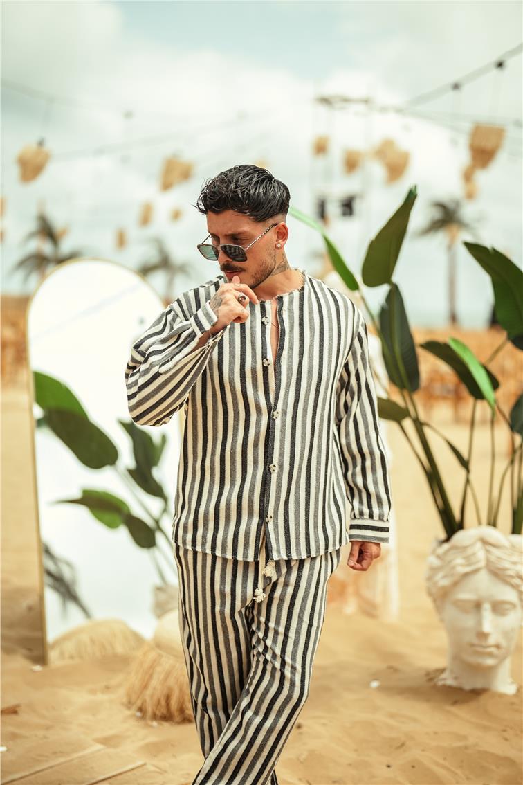 Yakasız Keten Oversize Gömlek Siyah