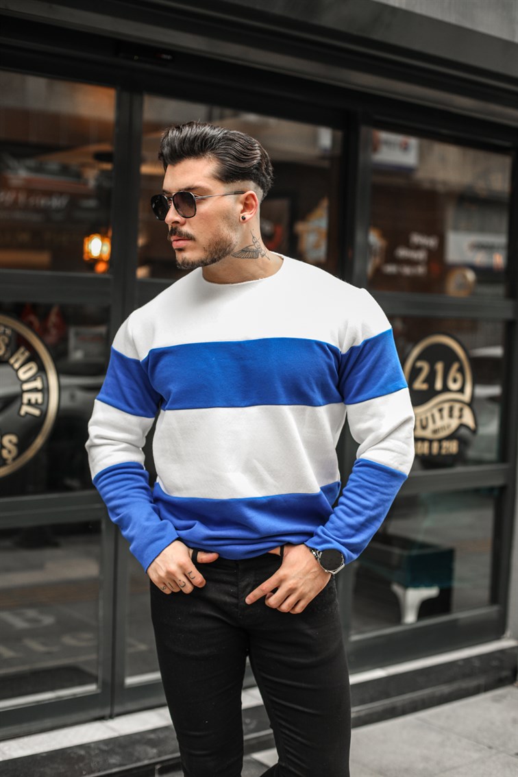 Yakasız Paralel Çizgili Sweatshirt