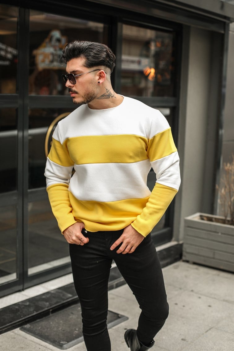 Yakasız Paralel Çizgili Sweatshirt